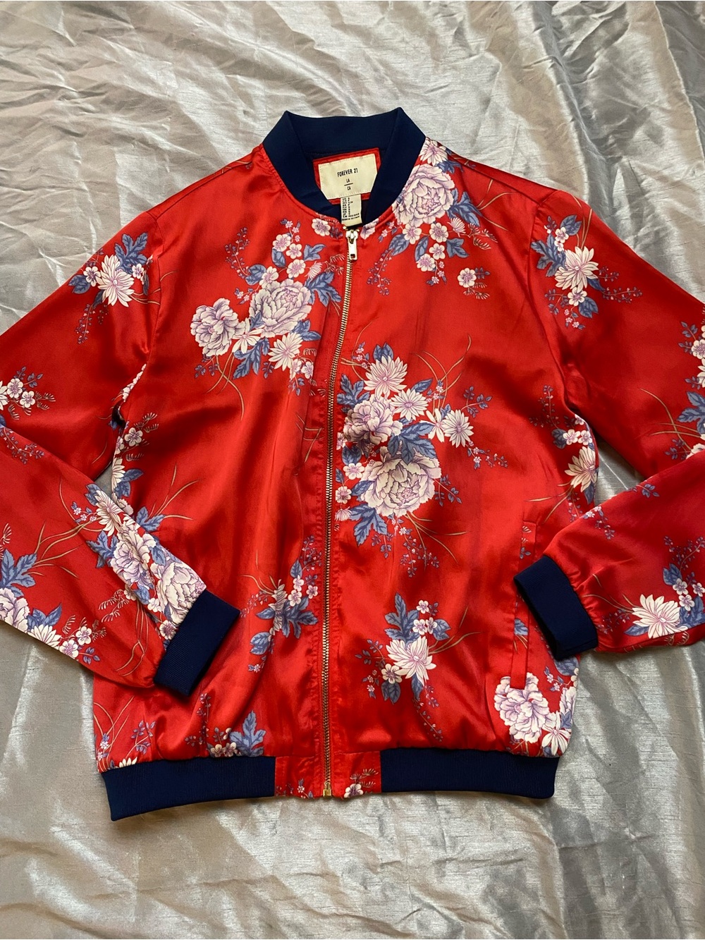 Forever 21 Red Floral Satin Bomber Jacket with Navy Trim